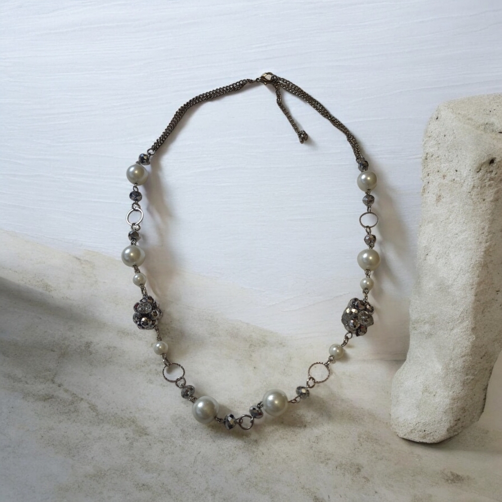 Pearl and Rhinestone Statement Necklace - Silver-Tone